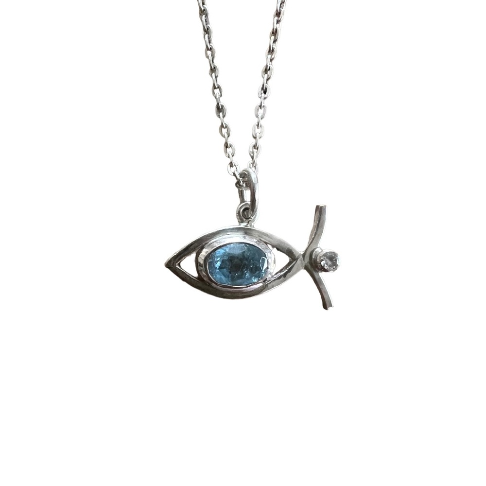 Handcrafted 925 Silver Christian Fish Necklace, w/Blue Topaz&White Sapphire